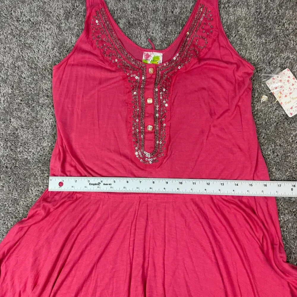 Free People Womens Medium Pink Mini Dress Tank Silk Cotton‎ Beaded Scoop Neck
